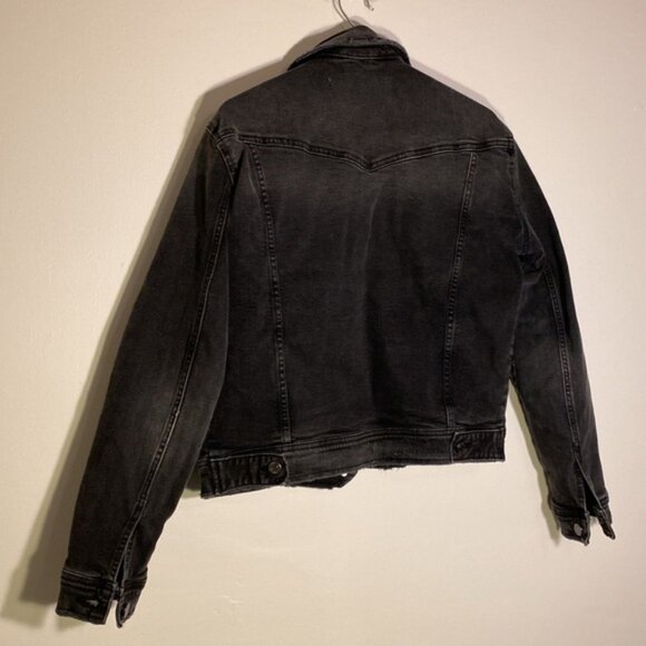 Zara Trucker Denim Jean Jacket Women's Large Distressed Black Gray Stretch - Picture 2 of 9